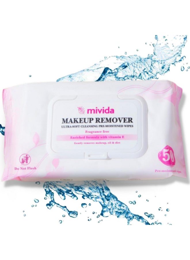 Mivida Hypoallergenic Makeup Remover Wipes with Vitamin E | 50 Count Fragrance-Free, Alcohol-Free Face Wipes | Convenient Flip-Top Pack