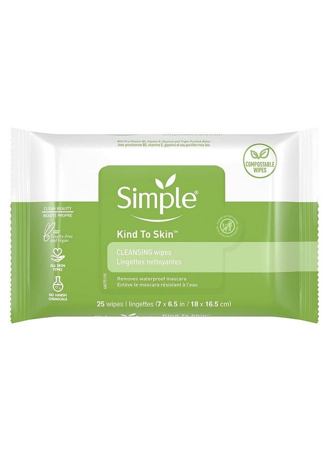 Simple Sensitive Skin Experts Kind To Skin Cleansing Facial Wipes, Waterproof Mascara Remover, Even Softer, 25 Count, (4 Pack)