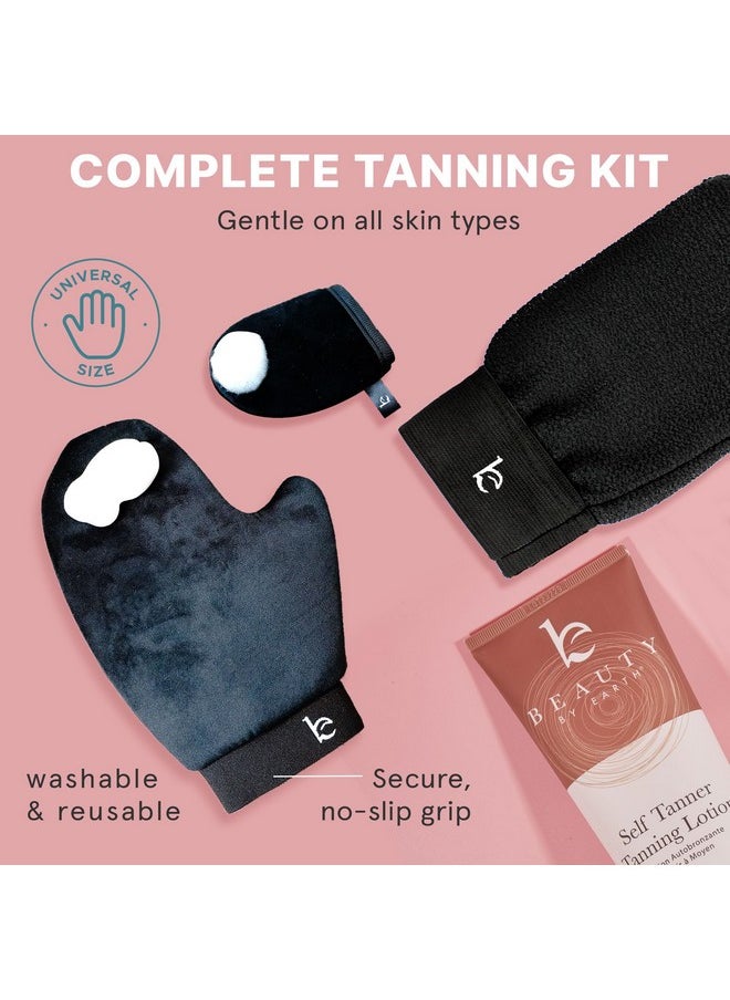 Self Tanner Kit - USA Made with Organic & Natural Ingredients, Tanning Lotion with Glove & Exfoliating Mitt, Non Toxic Gradual Tan Lotion, Sunless Tanner for Fake Tan, Streak Free & No Orange Tones
