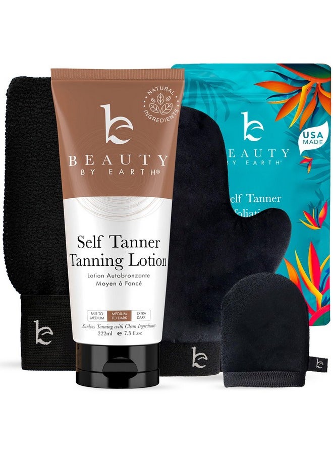 Self Tanner Kit - USA Made with Organic & Natural Ingredients, Tanning Lotion with Glove & Exfoliating Mitt, Non Toxic Gradual Tan Lotion, Sunless Tanner for Fake Tan, Streak Free & No Orange Tones