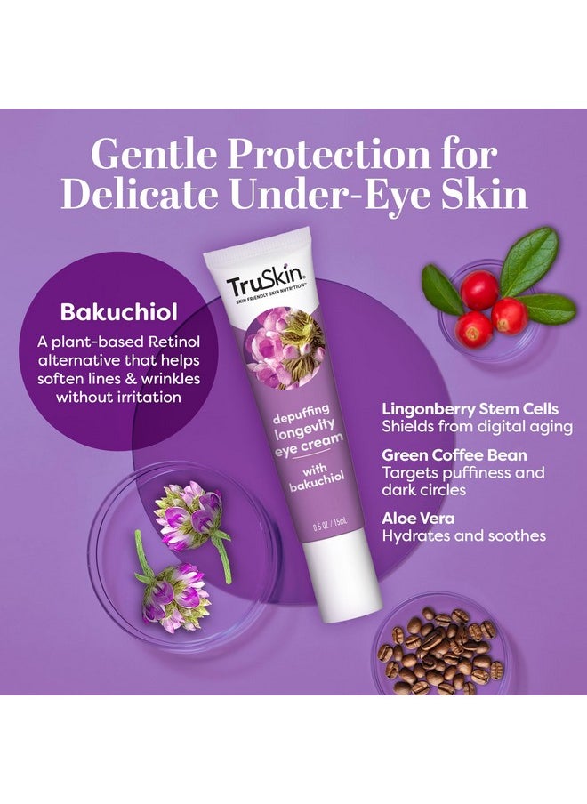 TruSkin Longevity Eye Cream - Caffeine Eye Cream with Bakuchiol, Lingonberry Stem Cells & Green Coffee Bean - Skin Care Made to Help Transition from Anti Aging to Healthy Aging, 0.5 fl oz