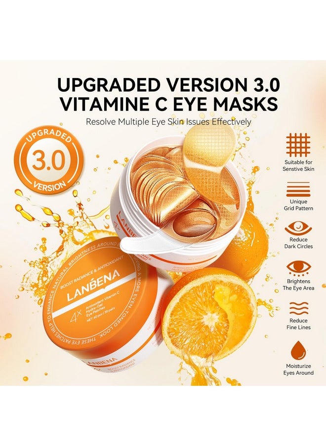 LANBENA Vitamin C Under Eye Patches for Dark Circles and Puffy Eyes, Cooling Eye Masks for Eye Bags, Fine Lines & Wrinkles Reduce, Anti-Aging, with Niacinamide Hydra-Gel Collagen-30 Pairs
