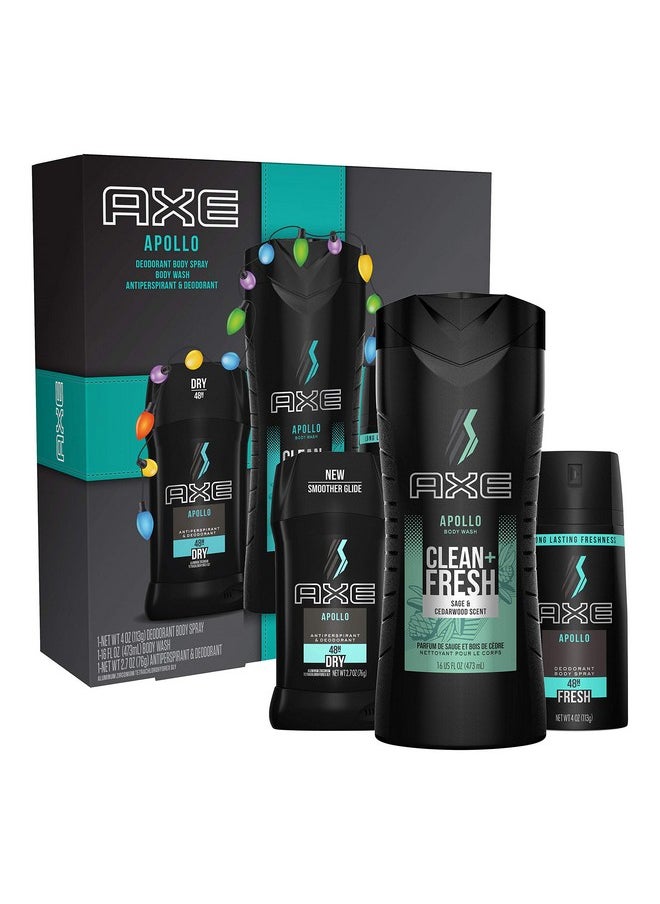 AXE Apollo Gift Set With Body Spray, Antiperspirant & Deodorant Stick and Body Wash for Grooming for Holiday 3 count