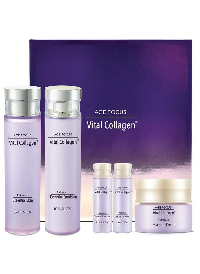 ISA KNOX AGE FOCUS VITAL COLLAGEN SKINCARE GIFT SET (370ml / 12.51 Fl Oz) - Korean Luxury Premium High-end Skin Toner, Emulsion Lotion, Cream by LG BEAUTY. Hydrolyzed Collagen, Vitamin B12, E, C.