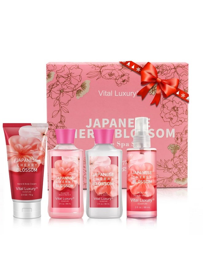Vital Luxury Bath & Body Kit, 3 Fl Oz Travel Size, Ideal Skincare Relaxing Home Spa Set, Includes Body Lotion, Shower Gel, Body Cream, and Fragrance Mist, Bath Gifts for Her and Him (Japanese Cherry