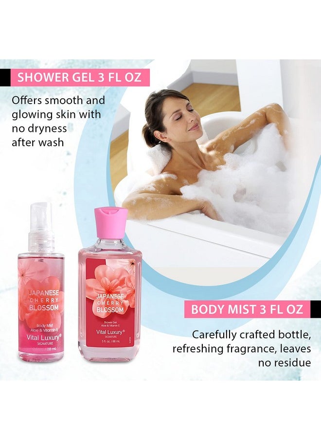 Vital Luxury Bath & Body Kit, 3 Fl Oz Travel Size, Ideal Skincare Relaxing Home Spa Set, Includes Body Lotion, Shower Gel, Body Cream, and Fragrance Mist, Bath Gifts for Her and Him (Japanese Cherry