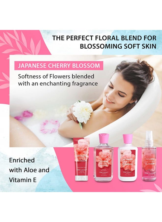 Vital Luxury Bath & Body Kit, 3 Fl Oz Travel Size, Ideal Skincare Relaxing Home Spa Set, Includes Body Lotion, Shower Gel, Body Cream, and Fragrance Mist, Bath Gifts for Her and Him (Japanese Cherry