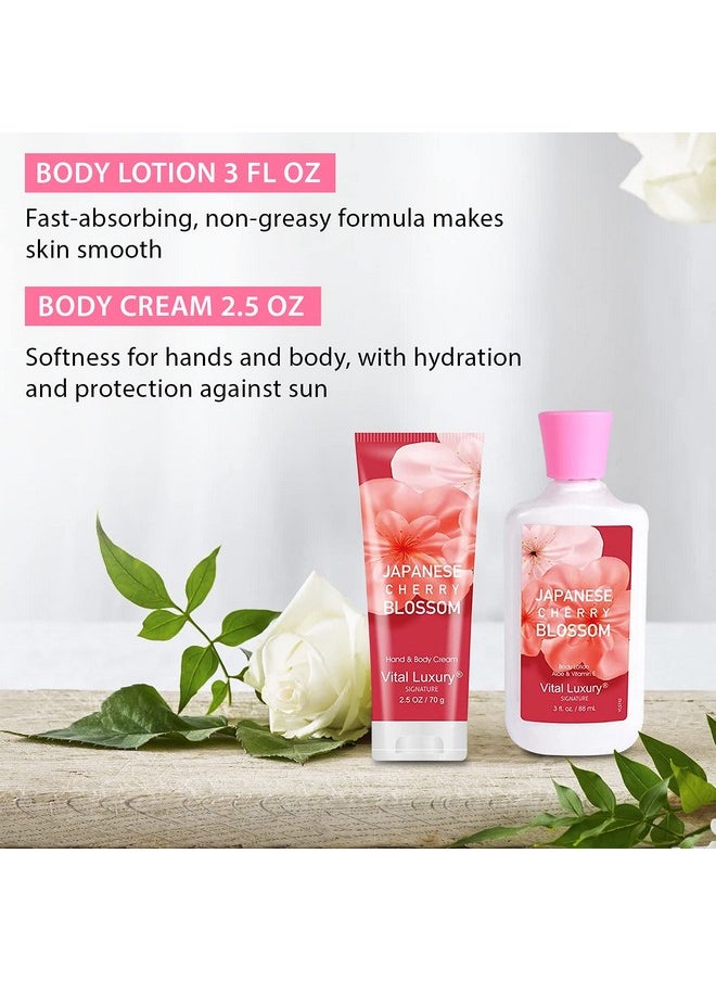 Vital Luxury Bath & Body Kit, 3 Fl Oz Travel Size, Ideal Skincare Relaxing Home Spa Set, Includes Body Lotion, Shower Gel, Body Cream, and Fragrance Mist, Bath Gifts for Her and Him (Japanese Cherry