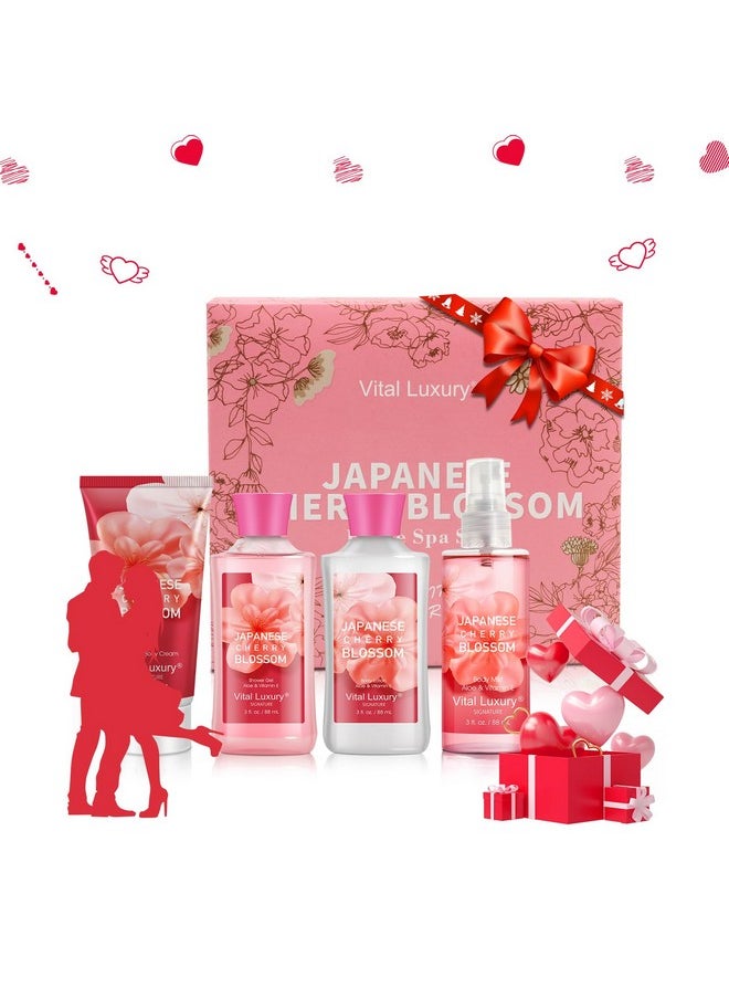 Vital Luxury Bath & Body Kit, 3 Fl Oz Travel Size, Ideal Skincare Relaxing Home Spa Set, Includes Body Lotion, Shower Gel, Body Cream, and Fragrance Mist, Bath Gifts for Her and Him (Japanese Cherry