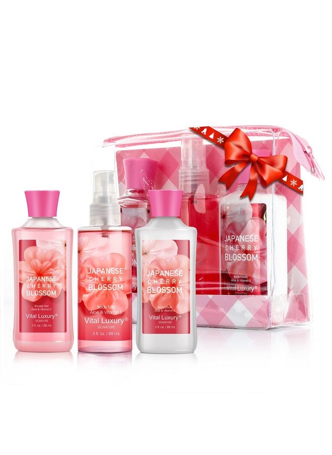 Vital Luxury Bath & Body Care Travel Set - Home Spa Set with Body Lotion, Shower Gel and Fragrance Mist, Personal Body Care Travel Set for Birthday Christmas New Year Gifts(Japanese Cherry Blossom)