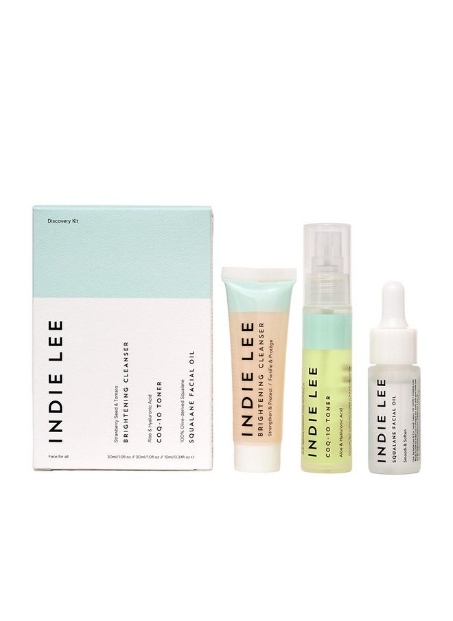 Indie Lee Discovery Gift Set - Travel Size Toiletries Skincare Set with Brightening Cleanser, CoQ-10 Toner + Squalane Facial Oil - Skin Care Kit for Adults (3-Piece Travel Size Set)