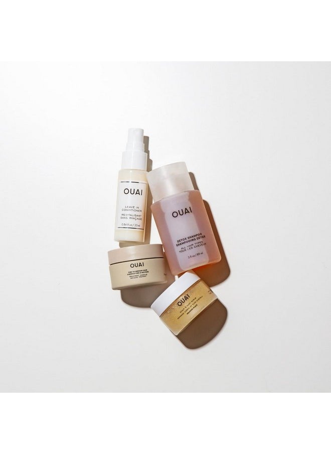 OUAI Travel Kit - Includes Travel Size Leave In Conditioner, Detox Shampoo, Fine to Medium Hair Mask, Scalp & Body Scrub - Travel Size Stocking Stuffers for Women (4 Count)