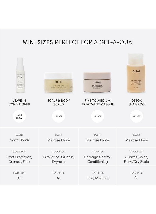 OUAI Travel Kit - Includes Travel Size Leave In Conditioner, Detox Shampoo, Fine to Medium Hair Mask, Scalp & Body Scrub - Travel Size Stocking Stuffers for Women (4 Count)