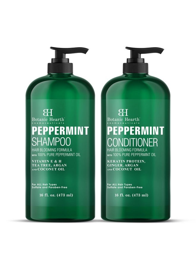BOTANIC HEARTH Peppermint Oil Shampoo and Conditioner Set - Hair Blooming Formula with Keratin - Fights Hair Loss & Thinning, Promotes Hair Growth-Sulfate Free for Men and Women - 16 fl oz x 2