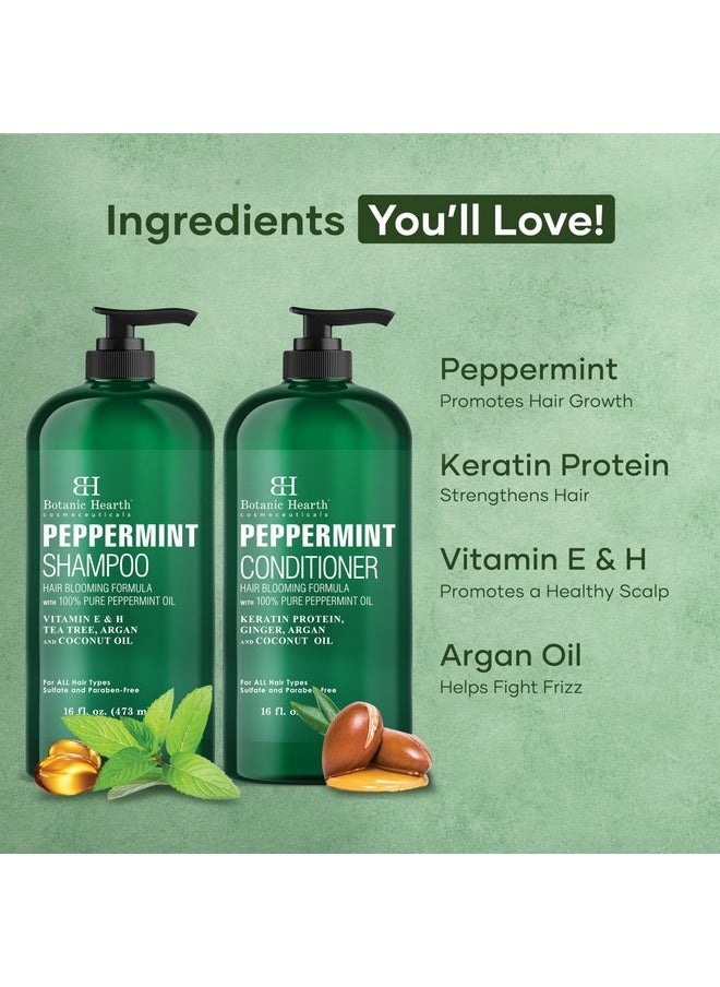 BOTANIC HEARTH Peppermint Oil Shampoo and Conditioner Set - Hair Blooming Formula with Keratin - Fights Hair Loss & Thinning, Promotes Hair Growth-Sulfate Free for Men and Women - 16 fl oz x 2