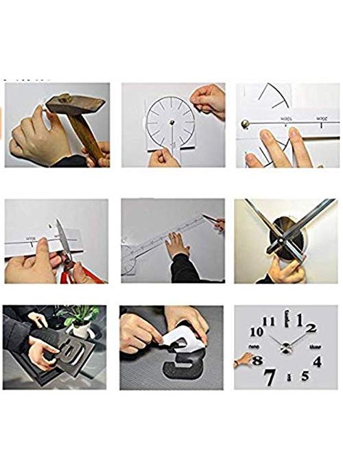 HlN Large DIY Quartz 3D Wall Clock Abstract Acrylic Sticker Wall Clock (Black)