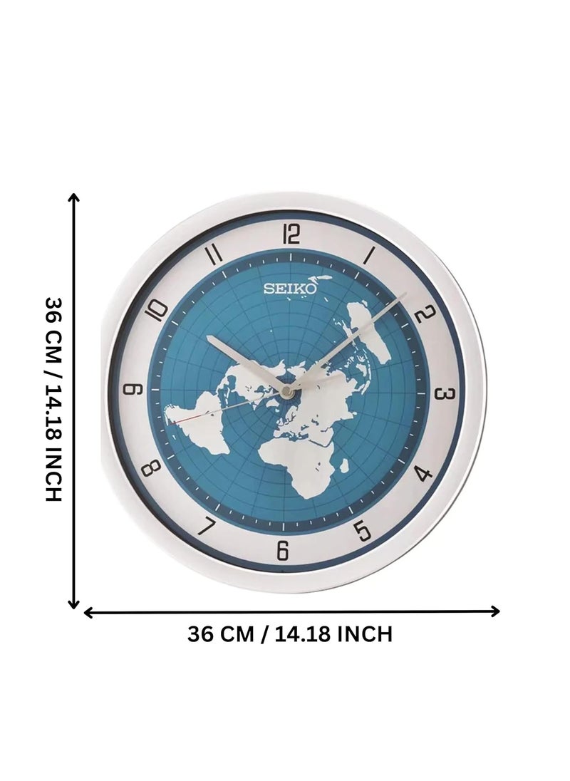 Seiko Plastic Silver Round Analog Blue Dial Map Design English Numbers Wall Clock for Home Office Decor Living Room Gifts (Size: 36 x 4 x 36 CM | Weight: 940 Gram) QXA814ST