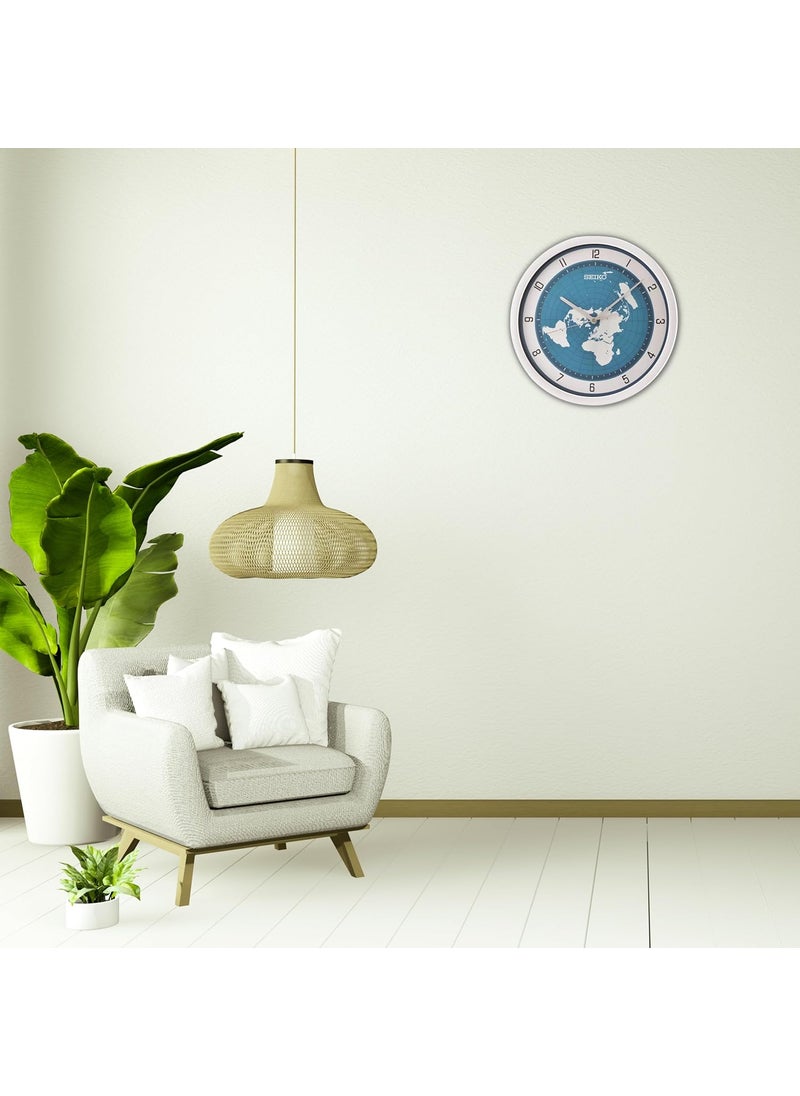 Seiko Plastic Silver Round Analog Blue Dial Map Design English Numbers Wall Clock for Home Office Decor Living Room Gifts (Size: 36 x 4 x 36 CM | Weight: 940 Gram) QXA814ST