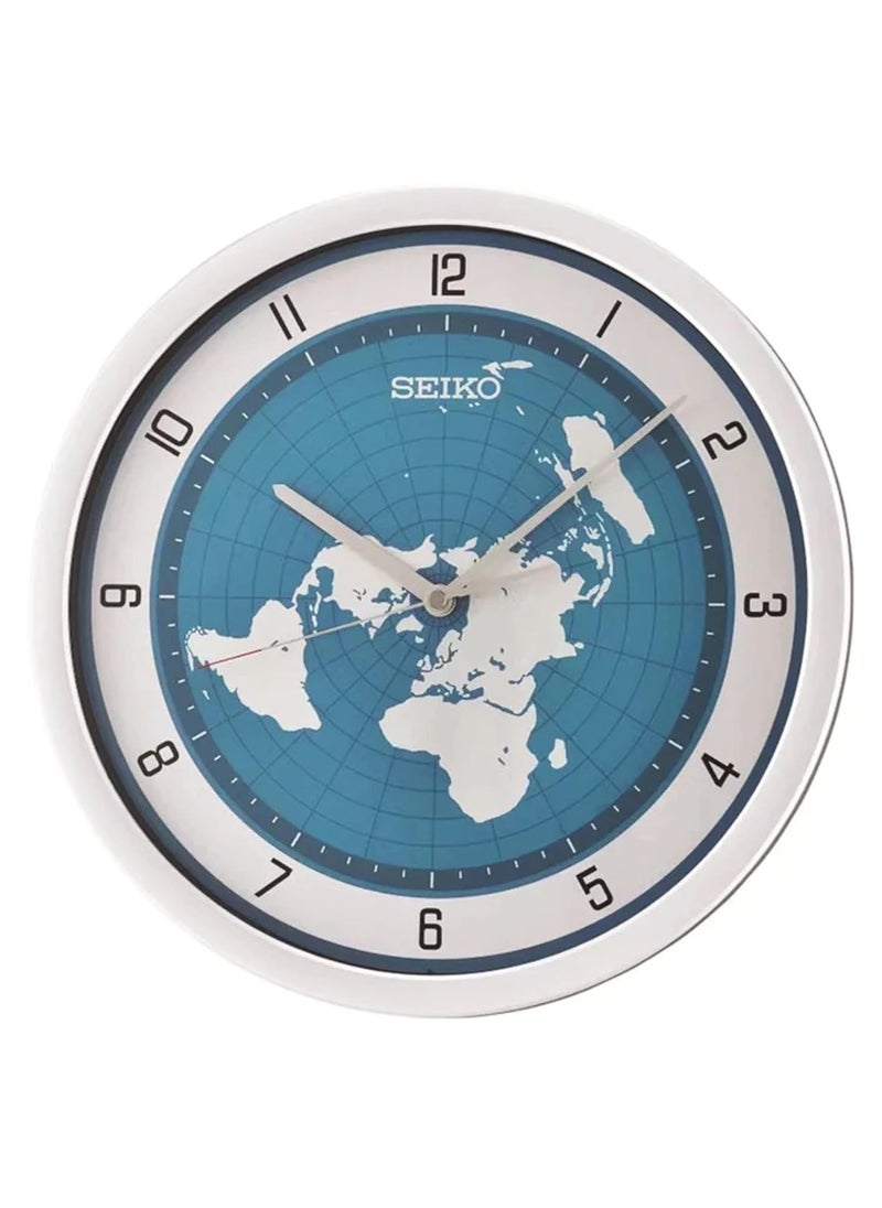 Seiko Plastic Silver Round Analog Blue Dial Map Design English Numbers Wall Clock for Home Office Decor Living Room Gifts (Size: 36 x 4 x 36 CM | Weight: 940 Gram) QXA814ST