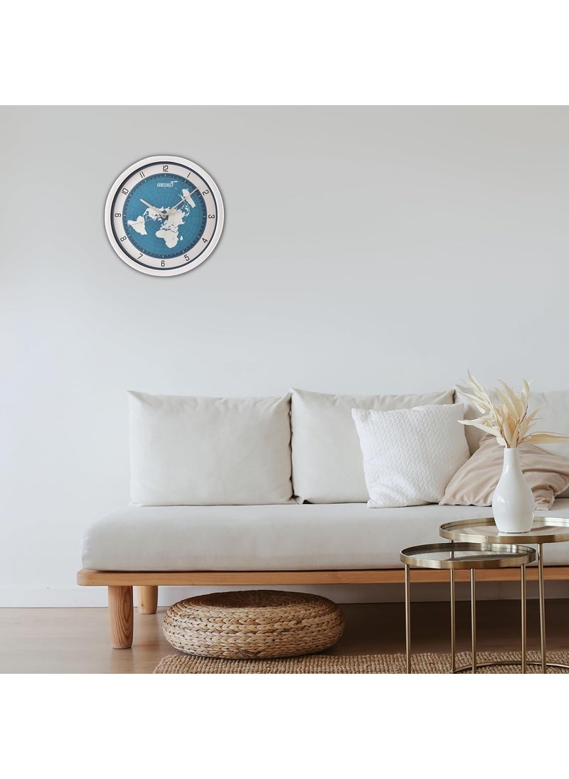 Seiko Plastic Silver Round Analog Blue Dial Map Design English Numbers Wall Clock for Home Office Decor Living Room Gifts (Size: 36 x 4 x 36 CM | Weight: 940 Gram) QXA814ST