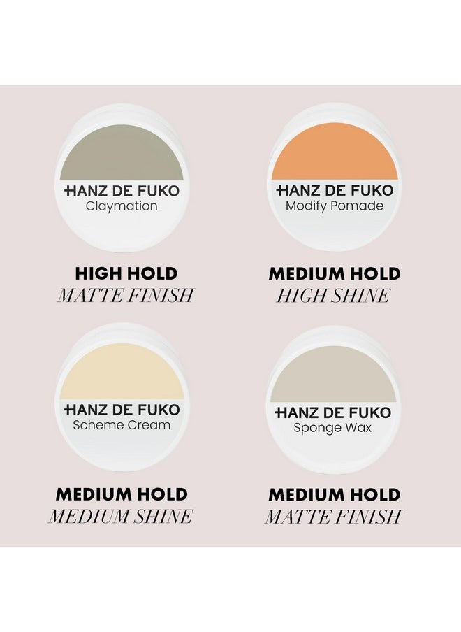 Hanz de Fuko Deluxe Hair Care Kit - Super Styling Sampler Featuring Claymation, Sponge Wax, Modify Pomade, Scheme Cream - 4 pack, 0.25oz each