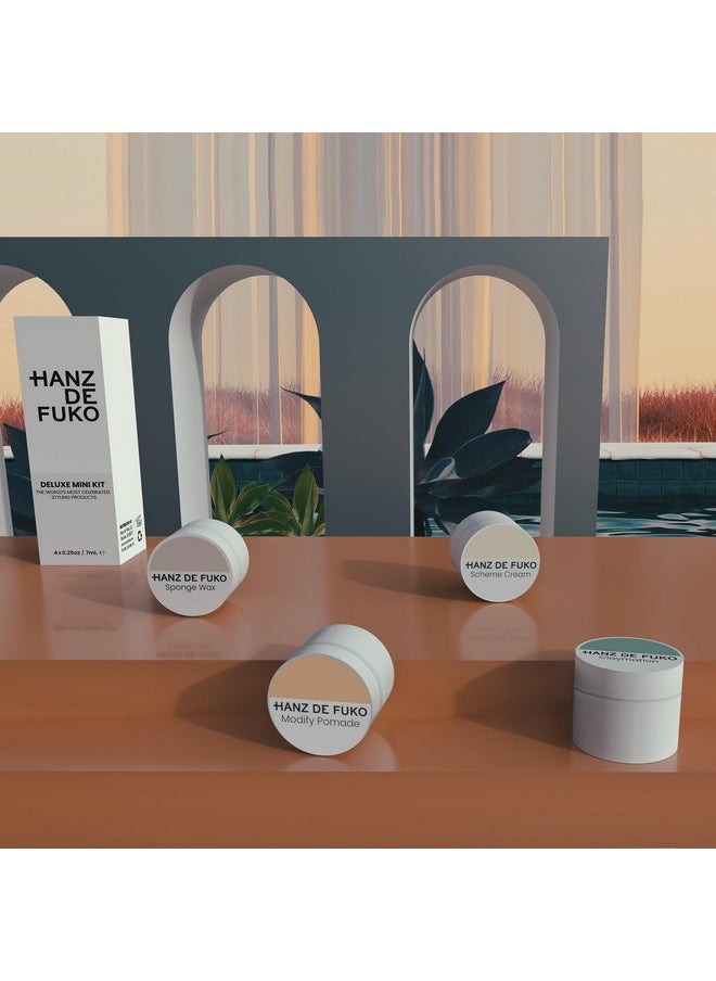 Hanz de Fuko Deluxe Hair Care Kit - Super Styling Sampler Featuring Claymation, Sponge Wax, Modify Pomade, Scheme Cream - 4 pack, 0.25oz each