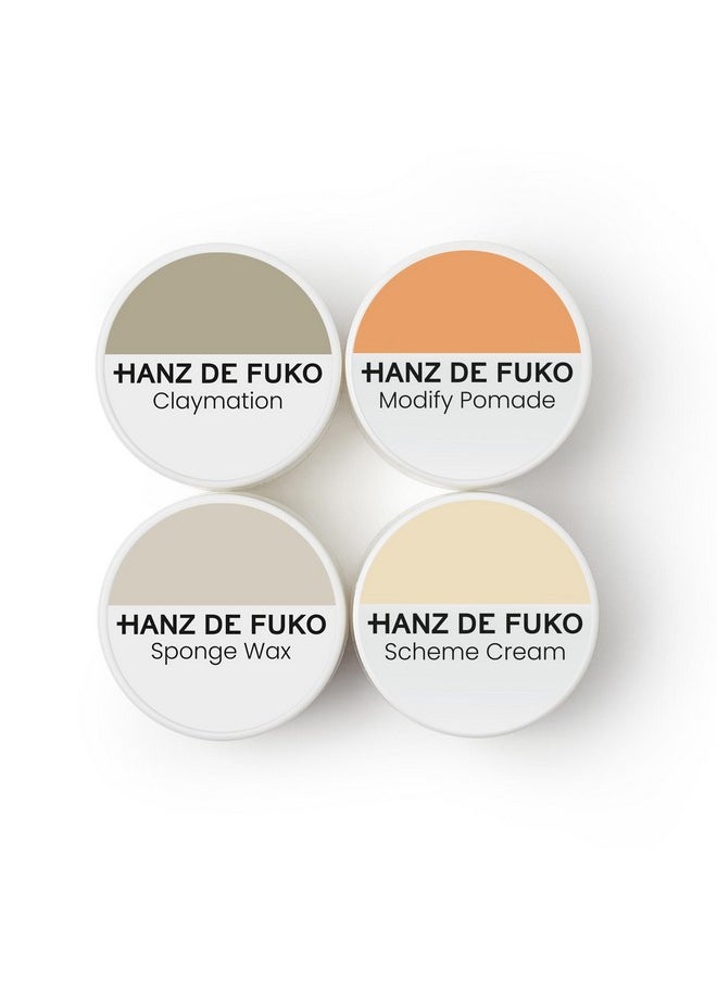 Hanz de Fuko Deluxe Hair Care Kit - Super Styling Sampler Featuring Claymation, Sponge Wax, Modify Pomade, Scheme Cream - 4 pack, 0.25oz each