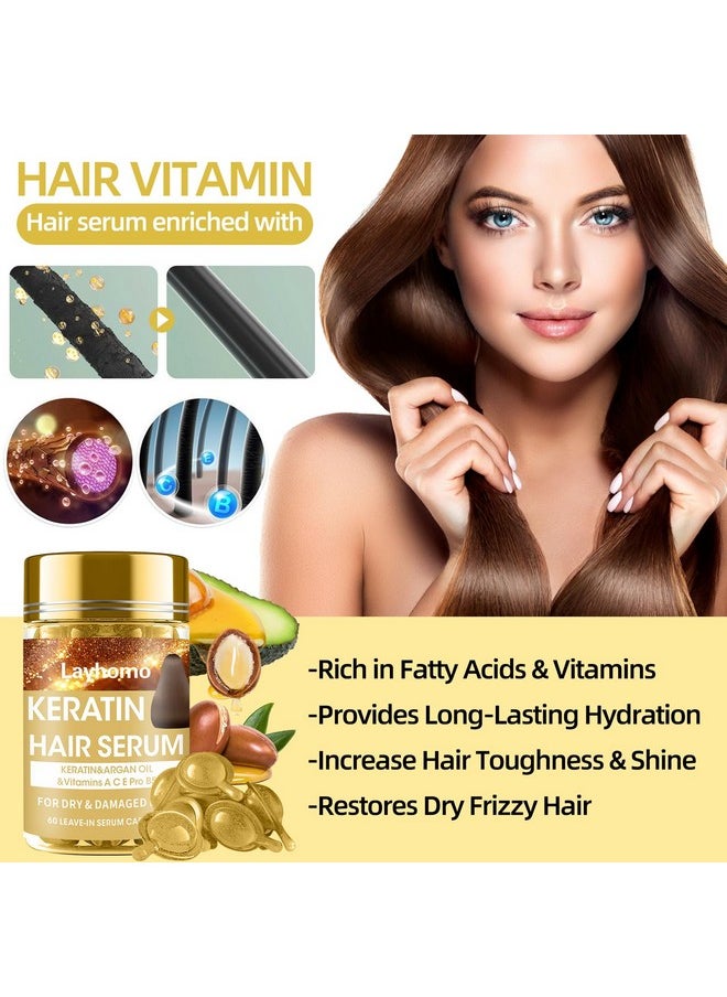 Keratin Hair Treatment Serum,60 Capsules Hair Treatment Oil for Dry Damaged Hair,Hair Oil with Keratin,Argan Oil-Leave-in Anti Frizz Conditioner with Vitamins A, C, E & B5- No Rinse for All Hair Types