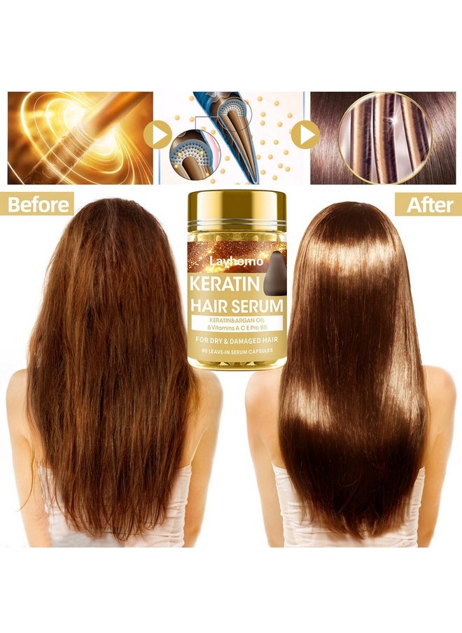 Keratin Hair Treatment Serum,60 Capsules Hair Treatment Oil for Dry Damaged Hair,Hair Oil with Keratin,Argan Oil-Leave-in Anti Frizz Conditioner with Vitamins A, C, E & B5- No Rinse for All Hair Types