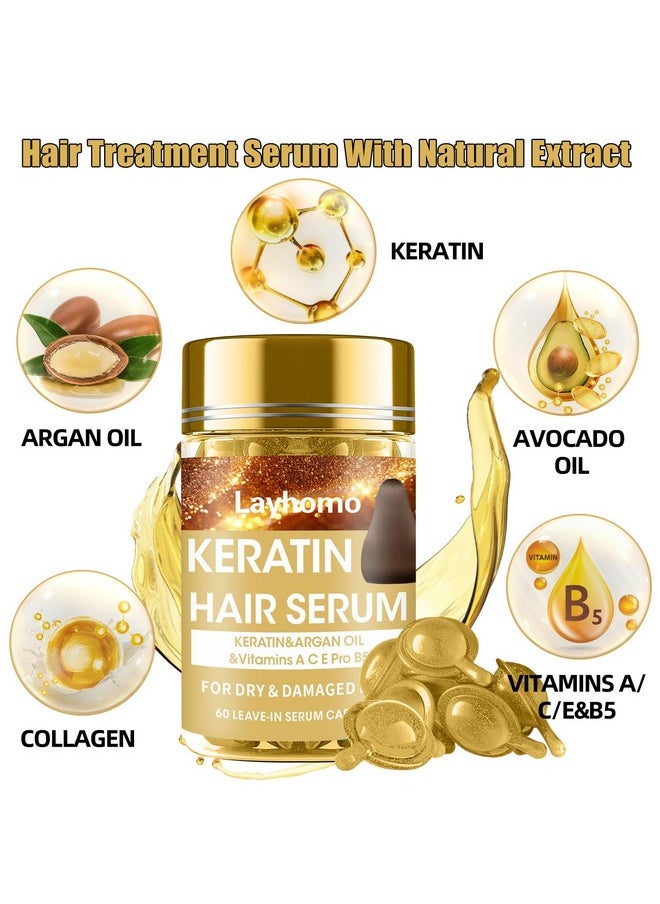 Keratin Hair Treatment Serum,60 Capsules Hair Treatment Oil for Dry Damaged Hair,Hair Oil with Keratin,Argan Oil-Leave-in Anti Frizz Conditioner with Vitamins A, C, E & B5- No Rinse for All Hair Types
