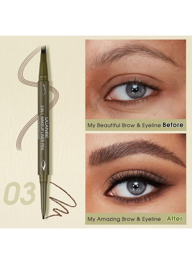 UCANBE Eyebrow Pen, Dual-Ended Eyebrow Pencil with 4-Fork-Tip & Gel Eyeliner for Women, Eye Brow Pen with Gel Eyeliner Pencil, Microblading Eyebrow Pencils with Hair Like Strokes, Light Brown