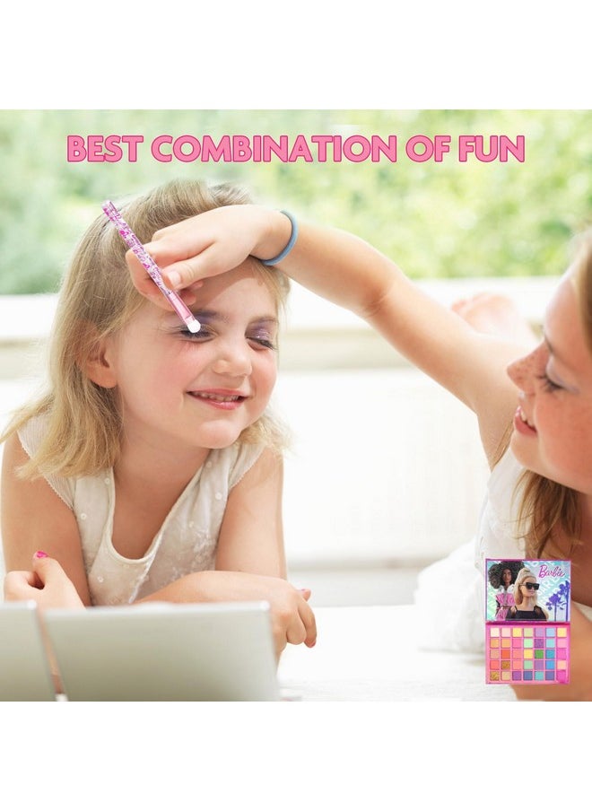 Barbie 35-Well Eyeshadow Palette, Shimmery and Opaque Colors, Pigmented Blendable, 8 Application Brushes Ages 8+, Perfect for Parties, Sleepovers & Makeovers, By Townley Girl