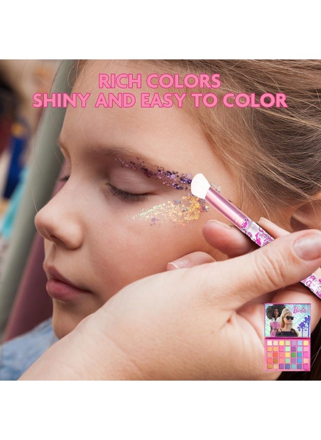 Barbie 35-Well Eyeshadow Palette, Shimmery and Opaque Colors, Pigmented Blendable, 8 Application Brushes Ages 8+, Perfect for Parties, Sleepovers & Makeovers, By Townley Girl