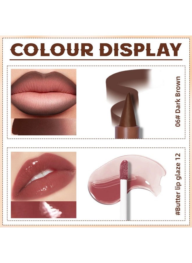 HOSAILY Lip Liner Butter Gloss Set, Dark Brown Plumping Lip Liner Lip Pencil Moisturizing Lightweight Lip Gloss Lip Combo, High Shine Glossy Lip Tint Lip Stain Makeup Long Lasting Lip Care for Women