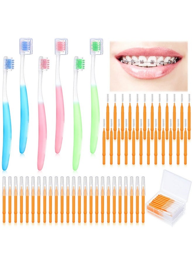 6 Pieces Brace Toothbrush V Shaped Orthodontic Toothbrush with Brush Head 40 Pieces Interdental Brush Soft Bristle Braces Brushes for Cleaning Portable Toothbrushes for Braces (Orange,Medium)