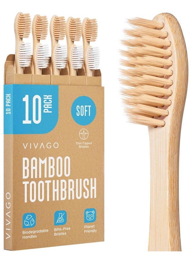 VIVAGO Bamboo Toothbrushes Extra Soft Bristles 10 Pack - BPA Free Extra Soft Bristles Toothbrushes for Adults, Eco-Friendly, Biodegradable & Compostable Natural Wooden Toothbrush