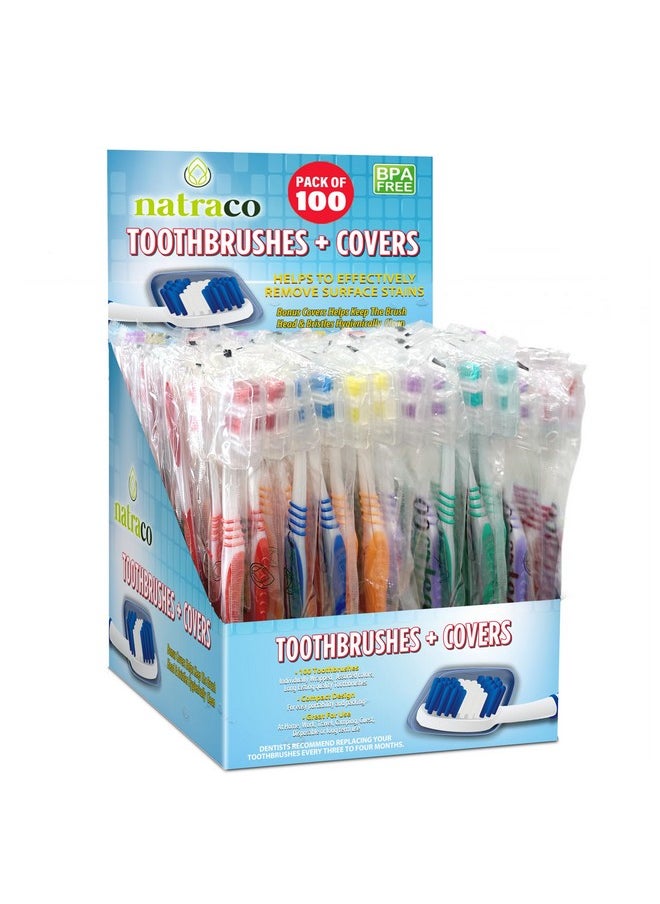 natraco Bulk Toothbrush Pack with Covers | Premium Quality Individually Wrapped Colorful Tooth Brushes | Medium Soft Bristles for Travel, Donations, Hotels (100)