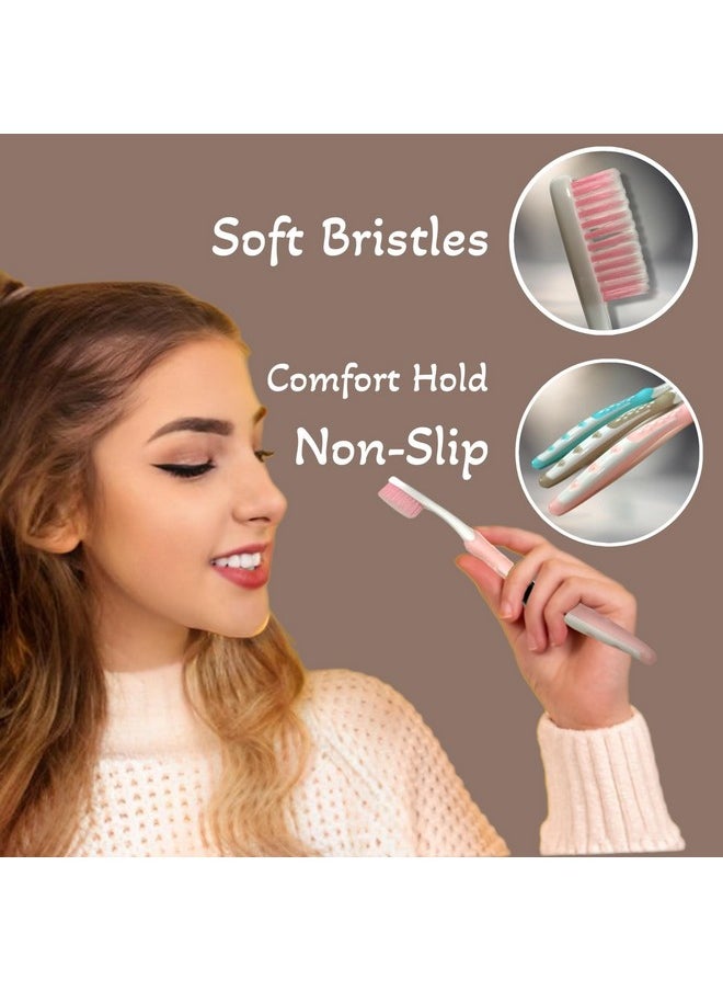 ALAZCO 3pc Soft Bristles Toothbrush Deep Cleaning Sensitive Teeth Gum Extra Fine Bristles Ergonomic Non-Slip Comfort Hold Tooth Brush & Caps Pastel Colors BPA-Free