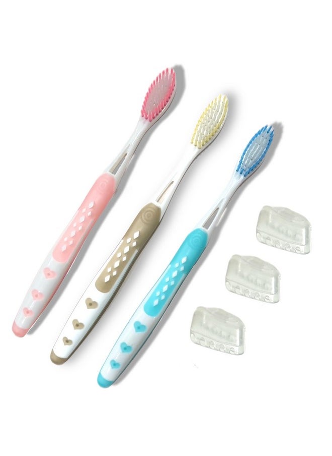 ALAZCO 3pc Soft Bristles Toothbrush Deep Cleaning Sensitive Teeth Gum Extra Fine Bristles Ergonomic Non-Slip Comfort Hold Tooth Brush & Caps Pastel Colors BPA-Free