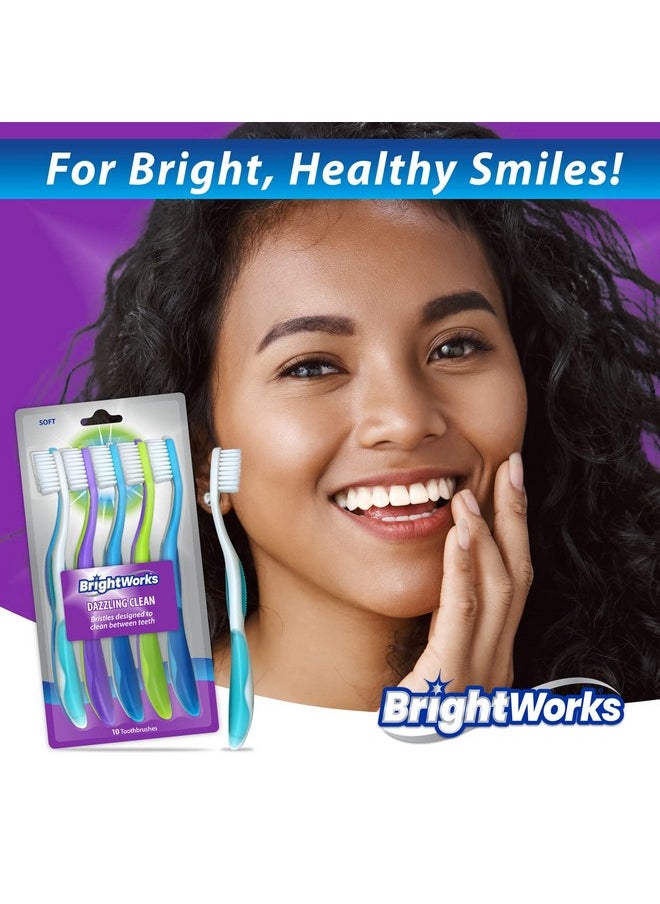 BrightWorks Dazzling Clean Manual Toothbrush (10 Pack), Soft, Bristles Designed to Clean in Between Teeth. Great for Sensitive Teeth or Sensory Issues (multiple colors).