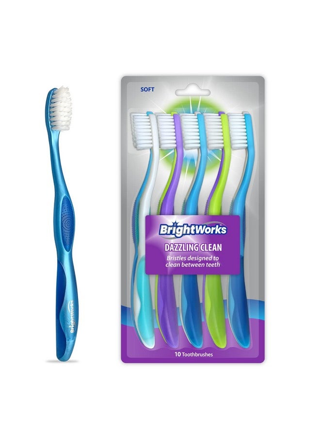 BrightWorks Dazzling Clean Manual Toothbrush (10 Pack), Soft, Bristles Designed to Clean in Between Teeth. Great for Sensitive Teeth or Sensory Issues (multiple colors).