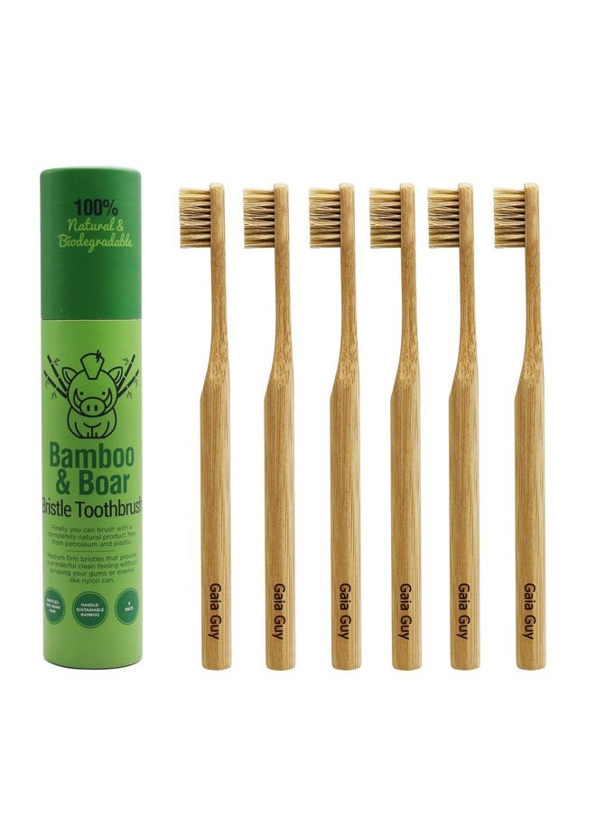 Gaia Guy Natural Bristle Bamboo Toothbrush (NO Nylon - Boar Hair ONLY) - Totally Compostable & Biodegradable Boar Bristle and Bamboo Toothbrushes - Zero Waste - 6-Pack
