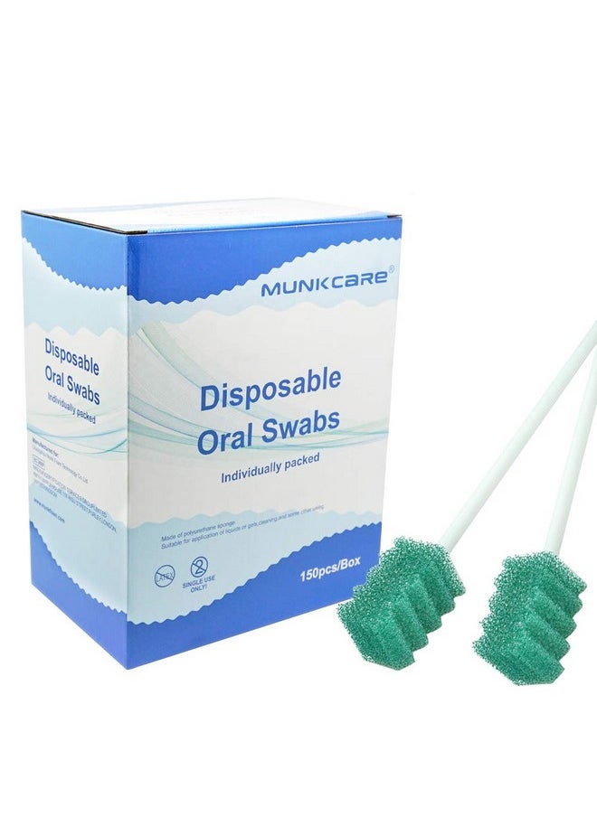 MUNKCARE Disposable Dentifrice Treated Oral Care Sponge Swabs, Individual Wrapped 150 Counts (Dark Green)