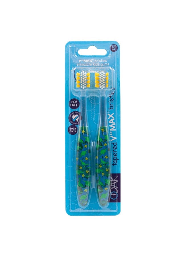 Ooak,Manual Kids Toothbrush, Tapered V++Max Soft Bristles, 2 Pack - Dinosaur