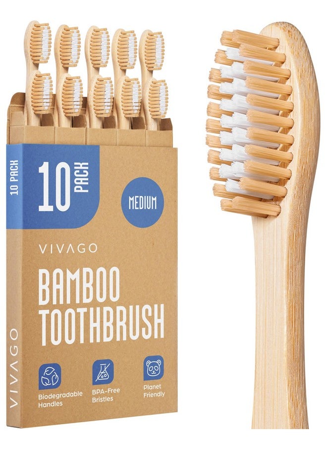 VIVAGO Bamboo Toothbrushes Medium Bristles 10 Pack - BPA Free Medium Bristles Toothbrushes for Adults | Eco-Friendly, Compostable & Biodegradable Toothbrush | Natural Wooden Toothbrushes