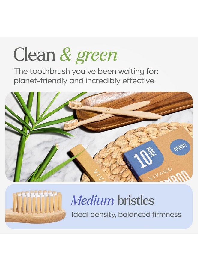 VIVAGO Bamboo Toothbrushes Medium Bristles 10 Pack - BPA Free Medium Bristles Toothbrushes for Adults | Eco-Friendly, Compostable & Biodegradable Toothbrush | Natural Wooden Toothbrushes