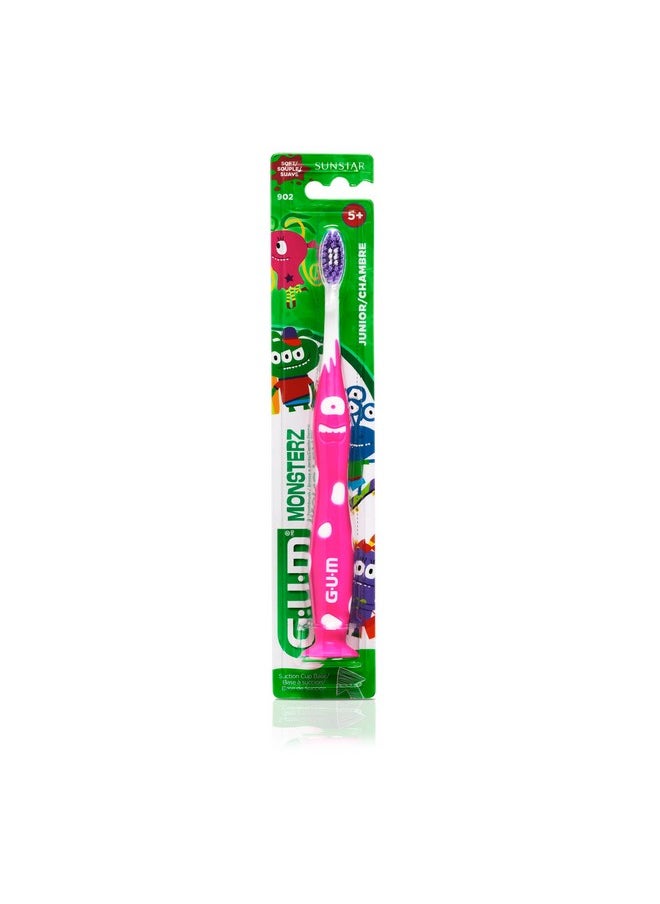 GUM Monsterz Jr Kids’ Toothbrush, Soft Bristled Children’s Toothbrush with Suction Cup, for Ages 5+, 1ct (6pk)