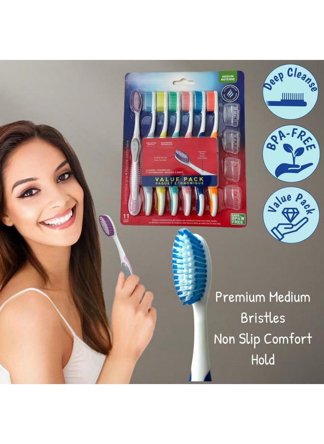 ALAZCO Value Set of 7 Tooth Brush Medium Bristles Toothbrush Comfort Hold Soft Silicone Non-Slip & Ergonomic Includes 4 Ventilated Covers Easy Storage & Travel BPA- Free