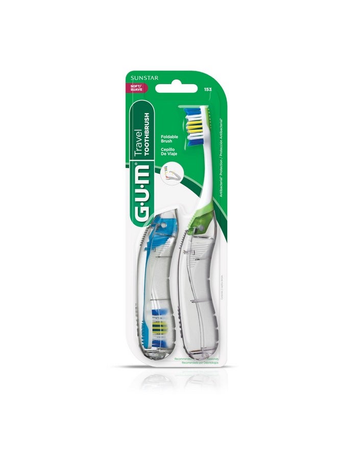GUM Folding Travel Toothbrush, Compact Head + Tongue Cleaner, Soft Bristled Travel Toothbrushes for Adults, 2ct (Colors may vary)