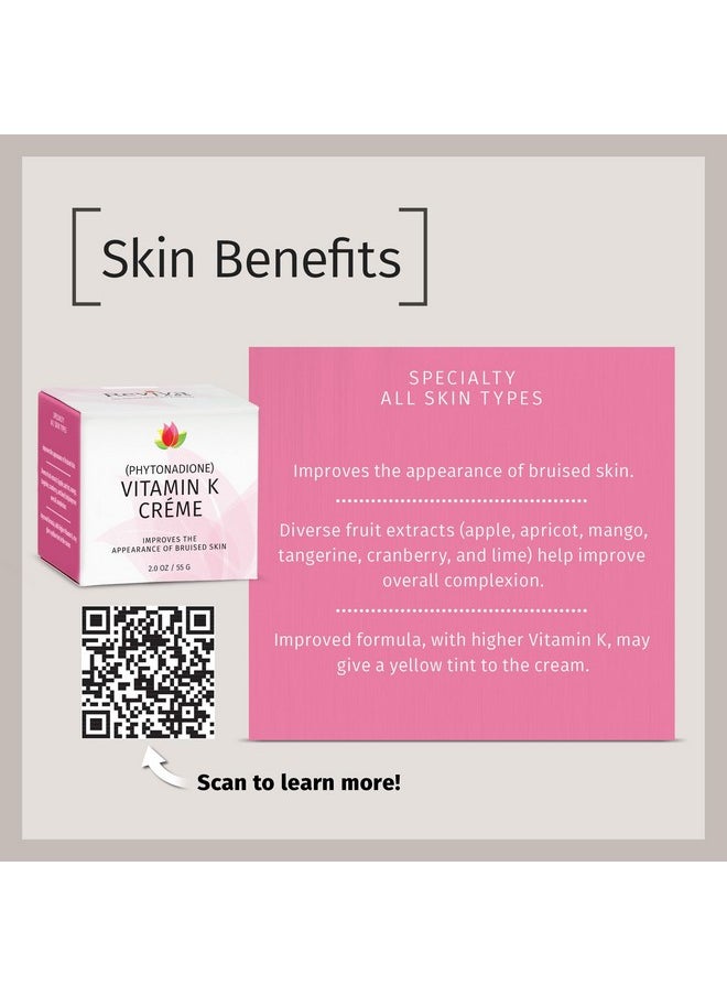 Reviva Labs Vitamin K Crème for Bruising, Under-Eye Dark Circles, and Wrinkles with Soybean Oil and Natural Fruit Extracts - 2 Oz, for Skin and Face